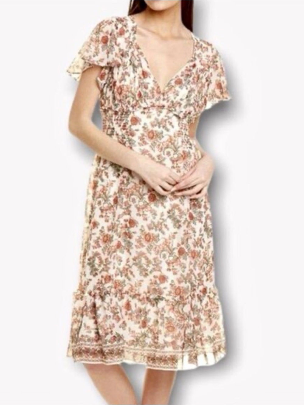 Max Studio Women’s X Large Floral V-Neck Midi Dress Flutter Sleeve Smocked XL - Picture 4 of 15